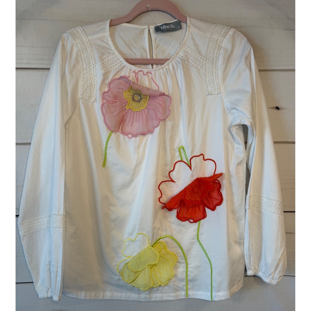Blueb. Collection White 3D Floral Applique Blouse Crochet Lace Trim Womens Small